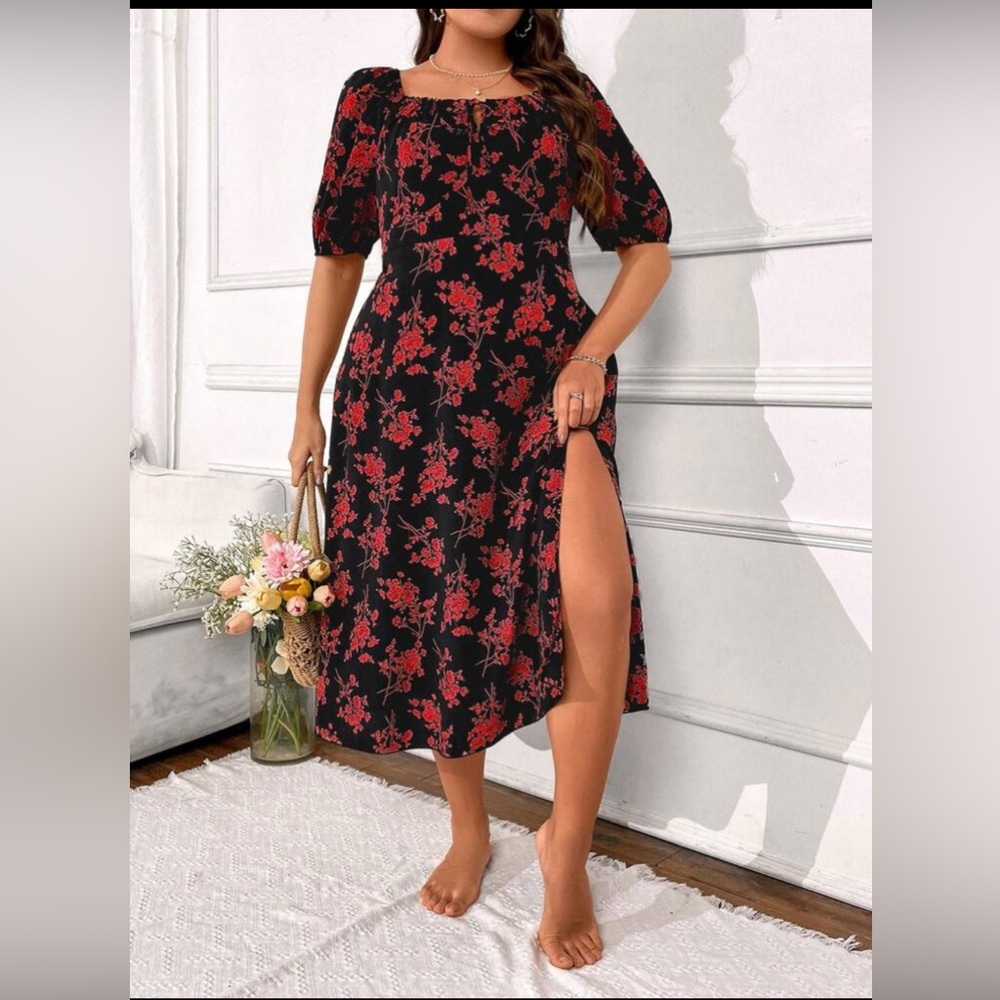 SHEIN Black Midi Dress with Red Floral Print Peasant Dress